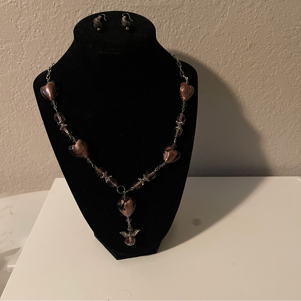 Womens Silver & Purple Heart Ángel Dangle Fashion Jewelry Necklace & Earring Set